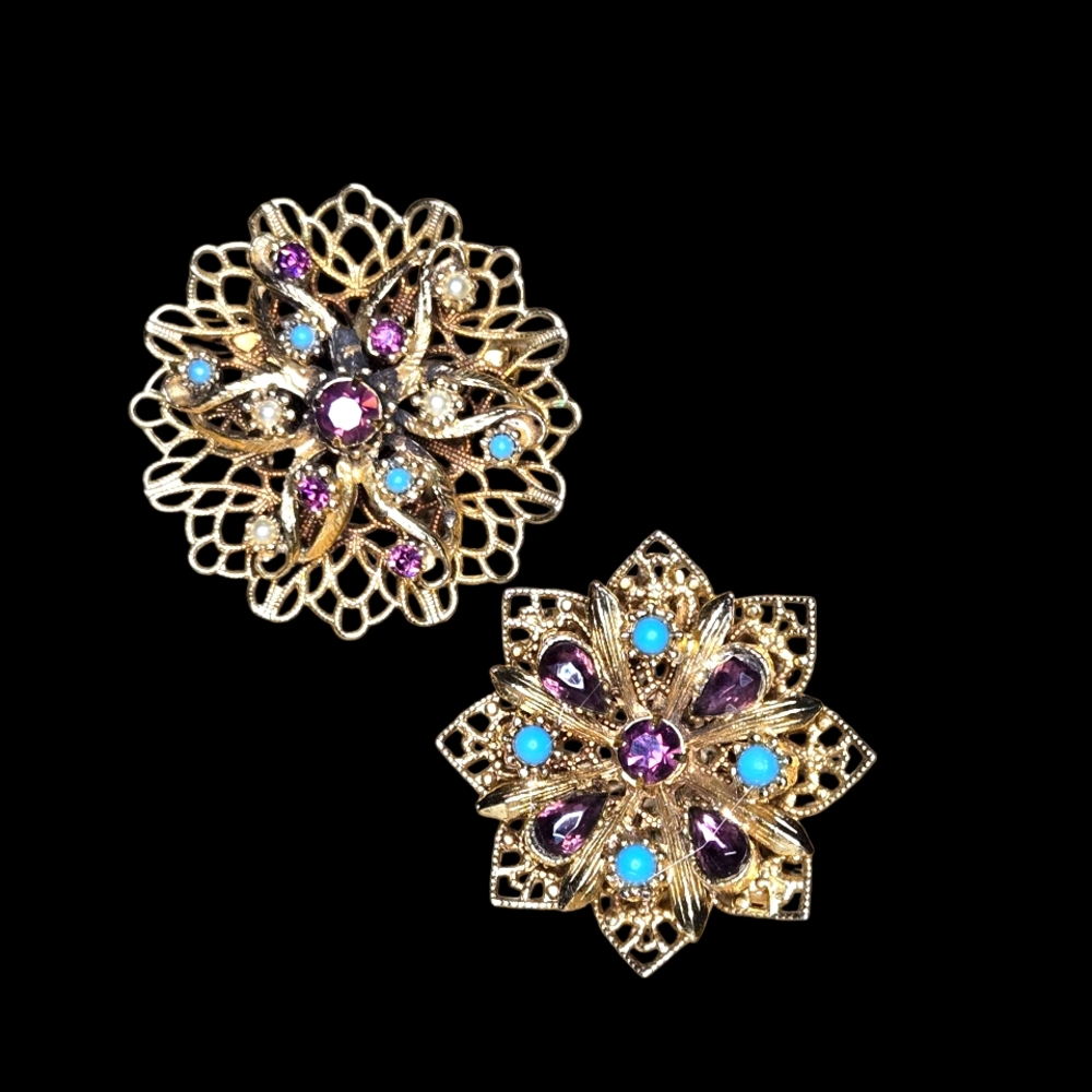 2 Vintage Purple and Blue Brooches